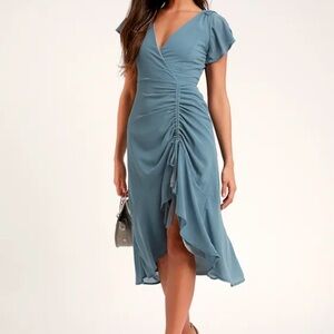 Lulus Outstanding Denim Blue Ruched High-Low Midi Dress Size Large NWT